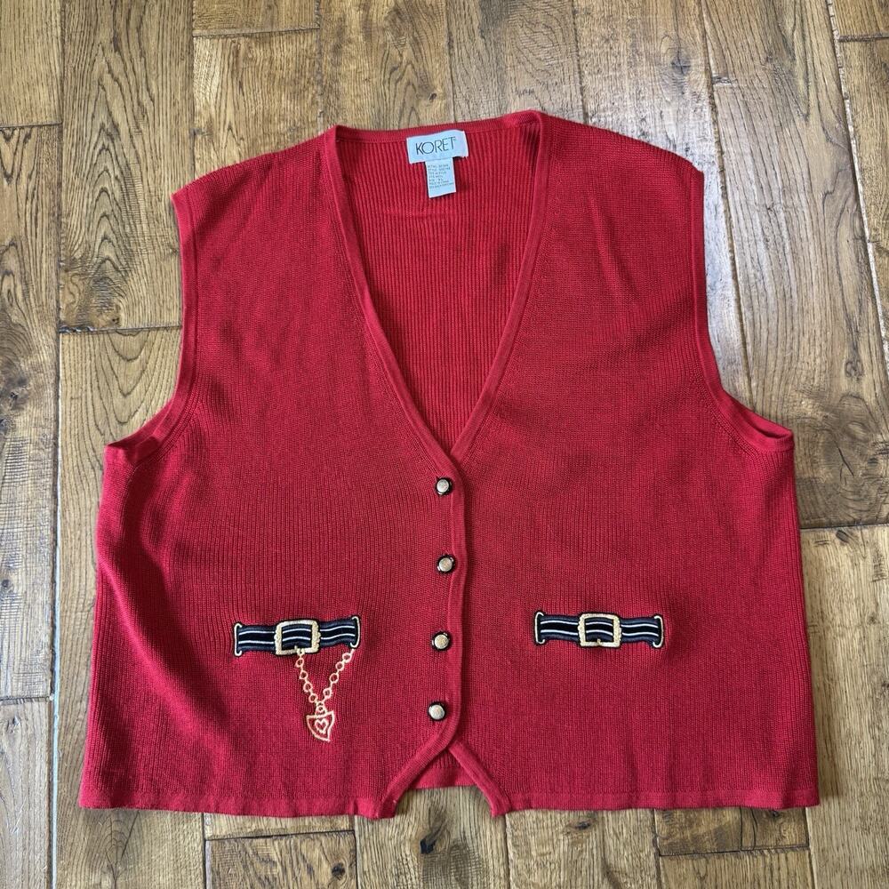 Koret Sweater Vest XL Red Wool Blend Faux Embroidered Belt Preppy Equestrian